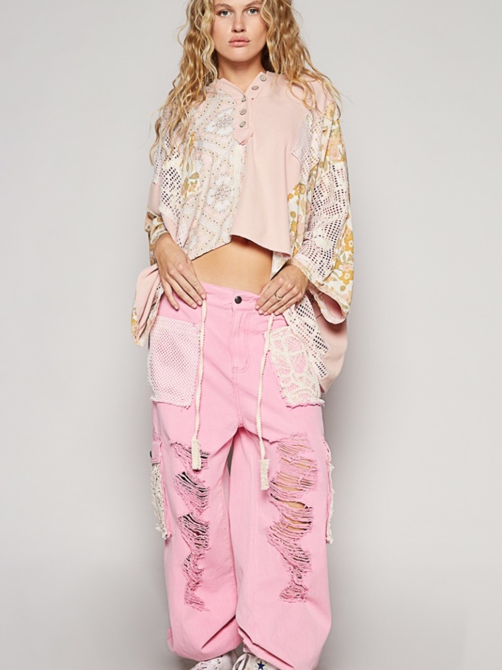 New POL Top Floral Panel Lace Half Placket Button Hoodie Oversized Top Shirt - Picture 5 of 5